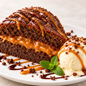 Torta de chocolate y arequipe con helado